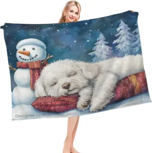 Cute Dreaming Bichon Frise Christmas Throw Blanket for Couch, Snowman and Snowing, Cozy Plush Flannel Blanket for Bed Sofa Room Decor, Girlfriends Boyfriends Teens 50x60 Inch