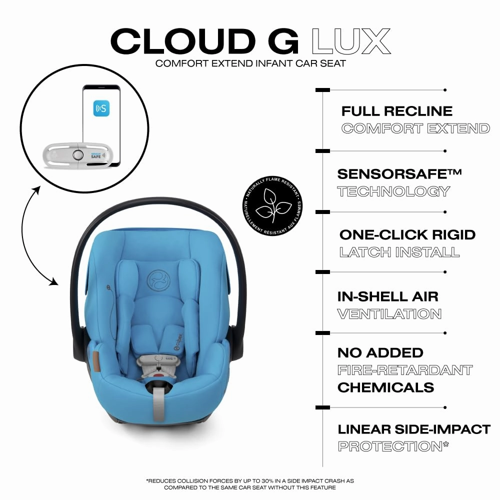 Cybex Cloud G Lux Comfort Extend Infant Car Seat with Anti-Rebound Base, Load Leg, Linear Side Impact Protection, Latch Install, Ergonomic Full Recline, Extended Leg Rest, Beach Blue