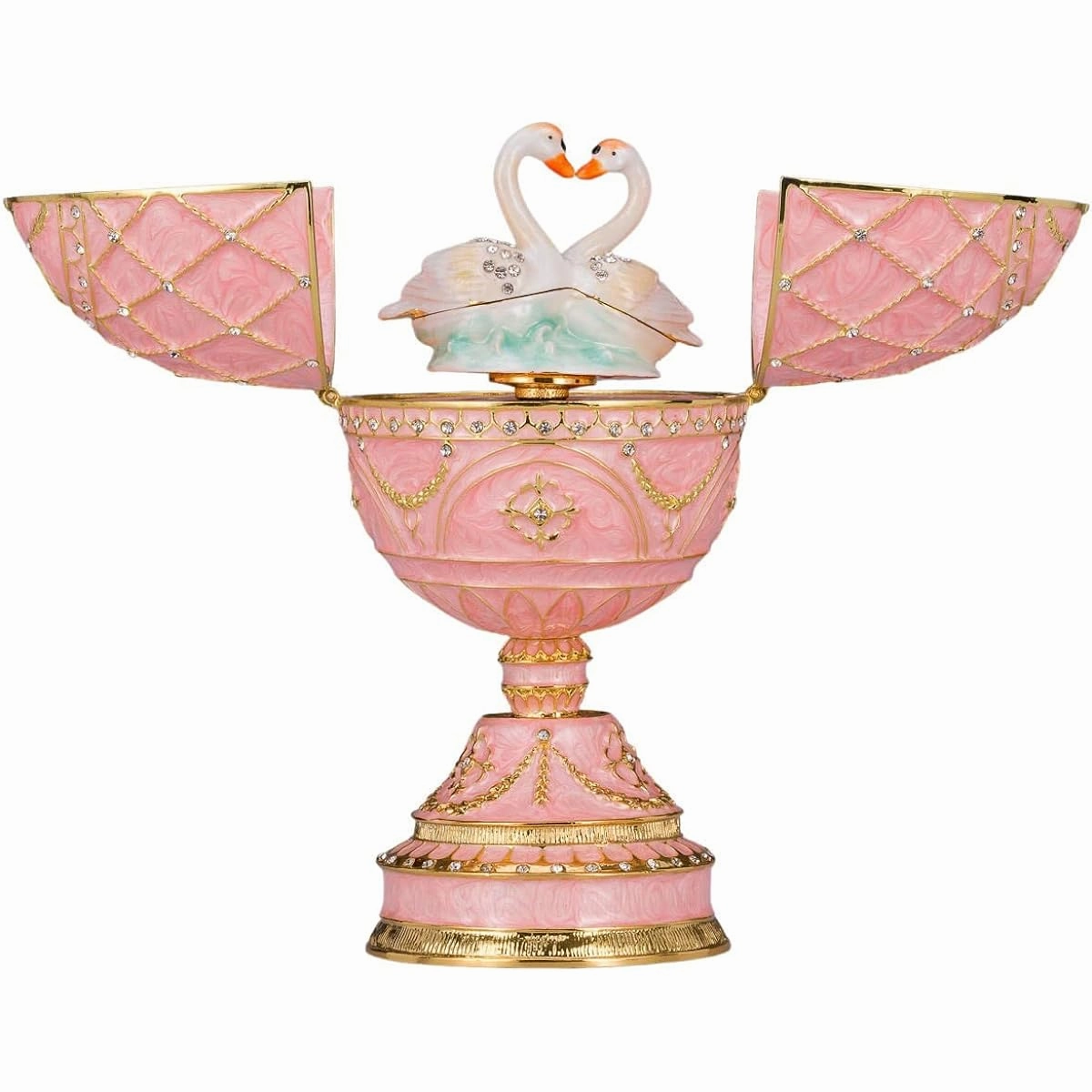 danila-souvenirs Faberge Style Egg/Music Box/Trinket Box Jewel Box with 2 Swans, 6.8" (17 cm), Pink