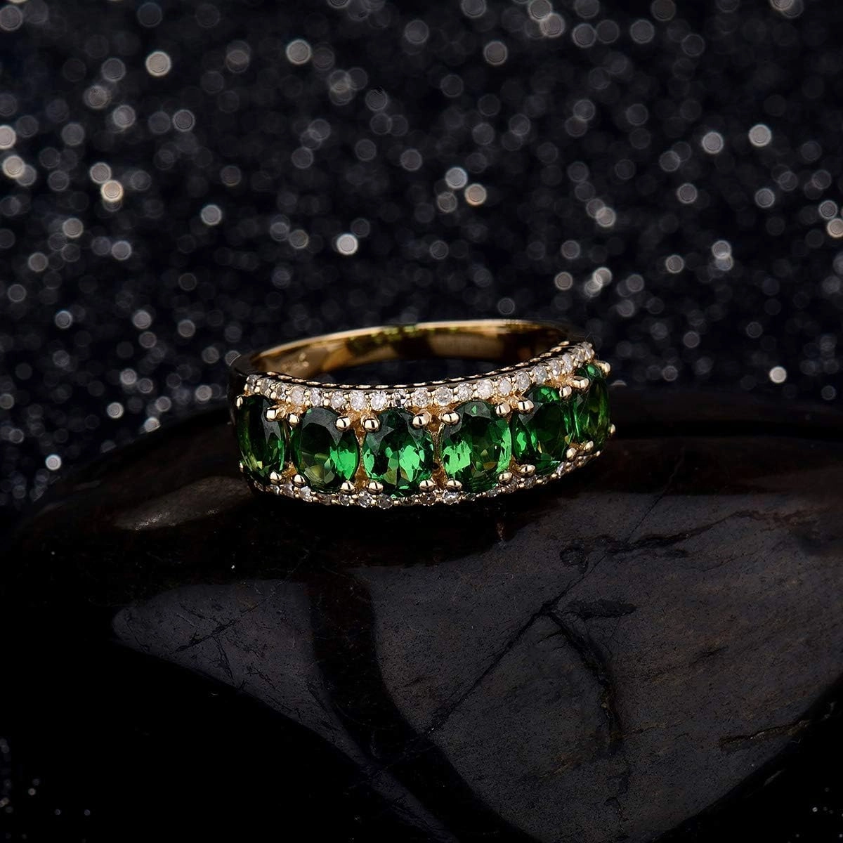 Diamond Ring, 14K Solid Yellow Gold Rings - Green Tsavorite Band Ring, Natural Tsavorite Gemstone Rings & Real Diamond Green Stone Ring Unique Jewelry For Women Lovers Gift