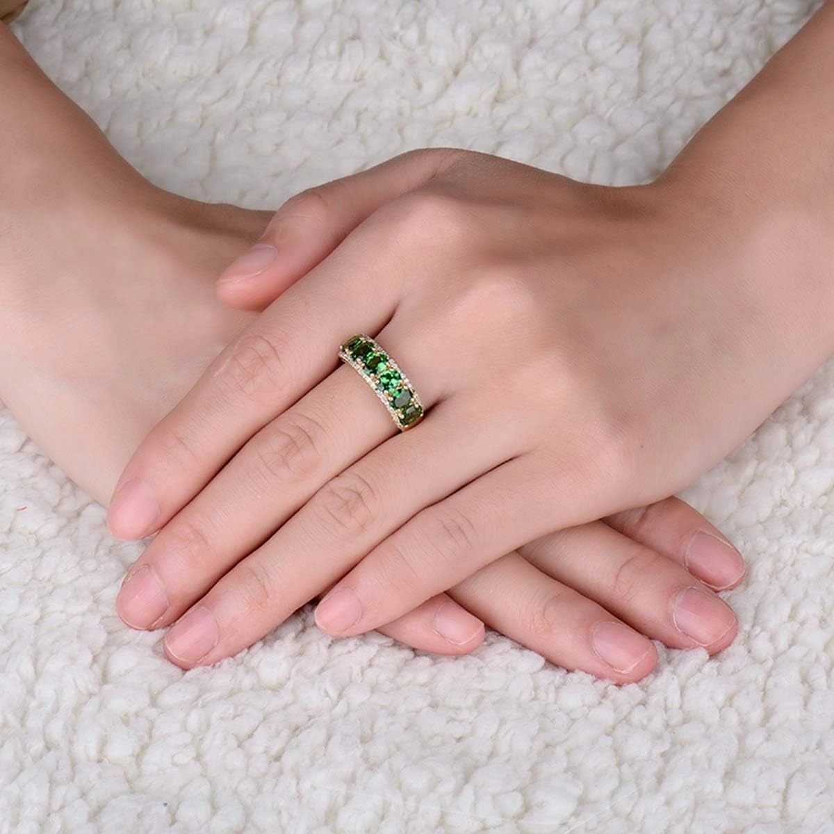Diamond Ring, 14K Solid Yellow Gold Rings - Green Tsavorite Band Ring, Natural Tsavorite Gemstone Rings & Real Diamond Green Stone Ring Unique Jewelry For Women Lovers Gift