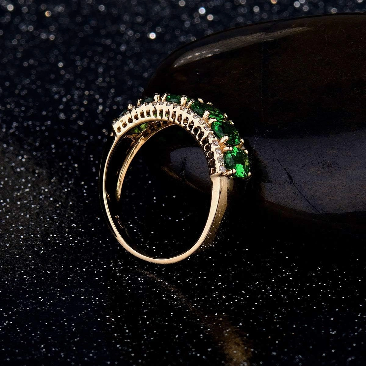 Diamond Ring, 14K Solid Yellow Gold Rings - Green Tsavorite Band Ring, Natural Tsavorite Gemstone Rings & Real Diamond Green Stone Ring Unique Jewelry For Women Lovers Gift