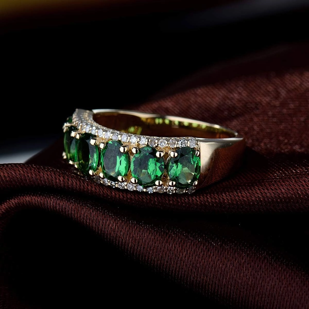 Diamond Ring, 14K Solid Yellow Gold Rings - Green Tsavorite Band Ring, Natural Tsavorite Gemstone Rings & Real Diamond Green Stone Ring Unique Jewelry For Women Lovers Gift