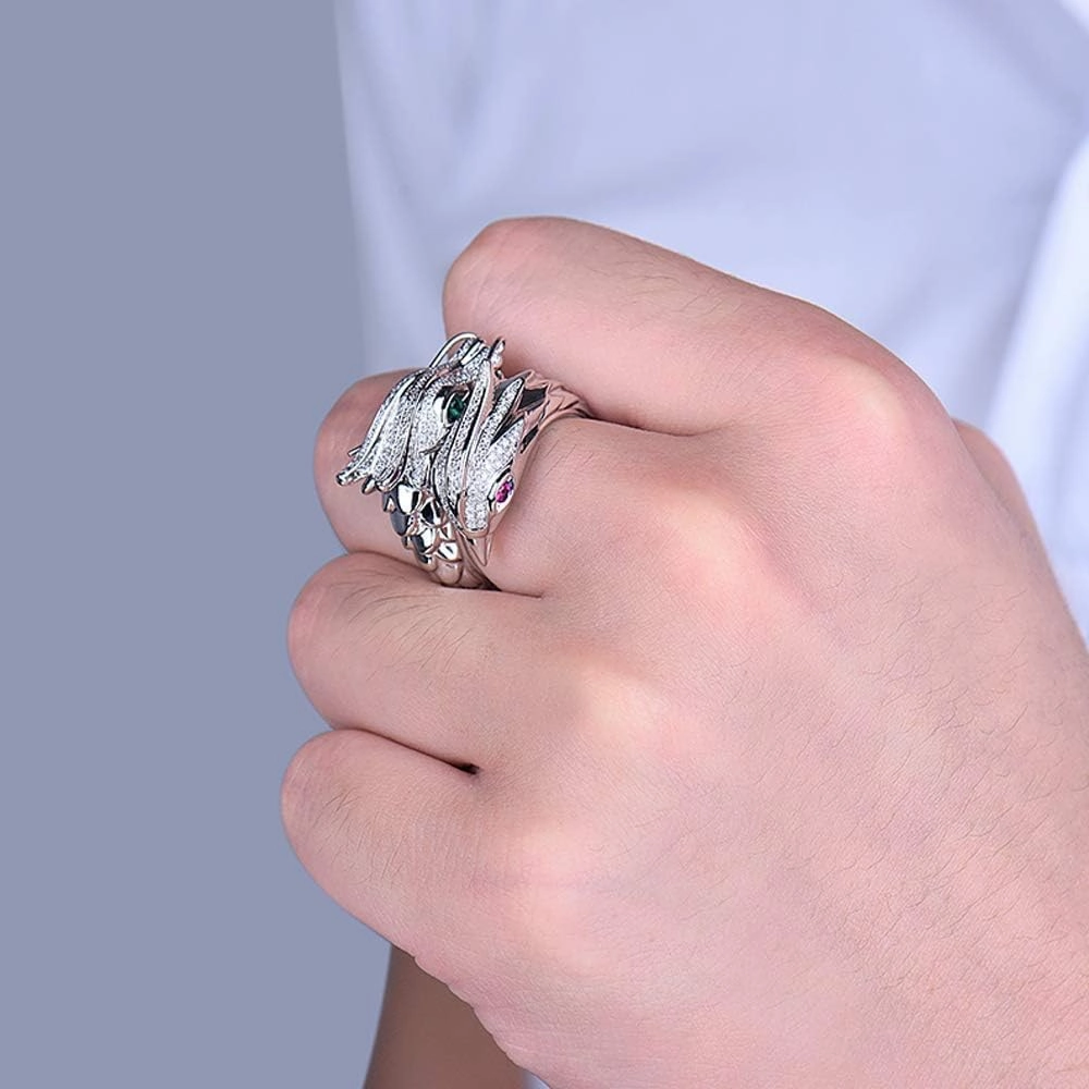 Diamond Rings For Men, 18K White Gold Rings - Diamond Ring with Emerald and Ruby, Dragon Phoenix Design Natural Diamond Rings & Emerald Ruby Gemstone Rings For Couple Engagement Ring