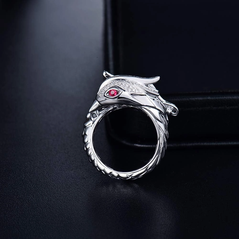 Diamond Rings For Men, 18K White Gold Rings - Diamond Ring with Emerald and Ruby, Dragon Phoenix Design Natural Diamond Rings & Emerald Ruby Gemstone Rings For Couple Engagement Ring