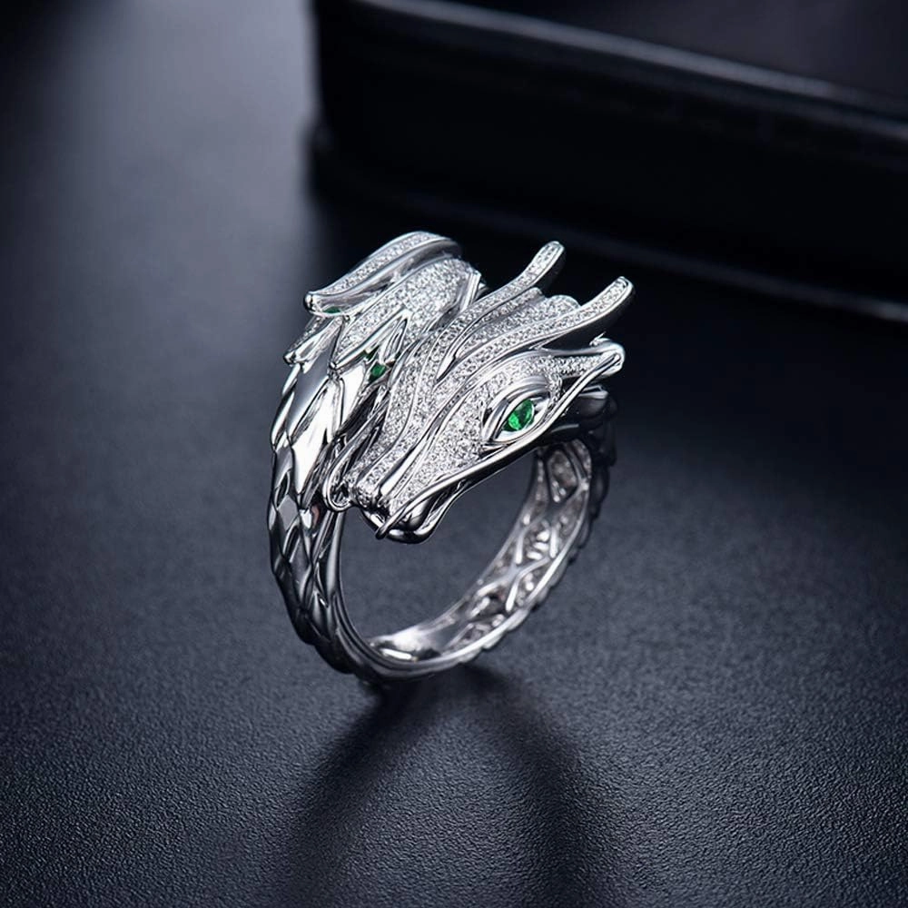 Diamond Rings For Men, 18K White Gold Rings - Diamond Ring with Emerald and Ruby, Dragon Phoenix Design Natural Diamond Rings & Emerald Ruby Gemstone Rings For Couple Engagement Ring