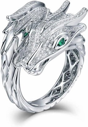 Diamond Rings For Men, 18K White Gold Rings - Diamond Ring with Emerald and Ruby, Dragon Phoenix Design Natural Diamond Rings & Emerald Ruby Gemstone Rings For Couple Engagement Ring