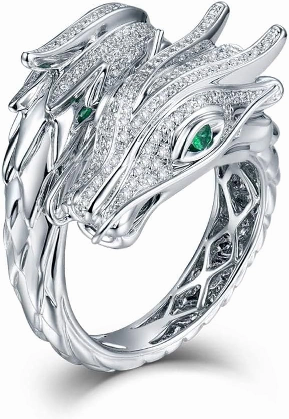 Diamond Rings For Men, 18K White Gold Rings - Diamond Ring with Emerald and Ruby, Dragon Phoenix Design Natural Diamond Rings & Emerald Ruby Gemstone Rings For Couple Engagement Ring
