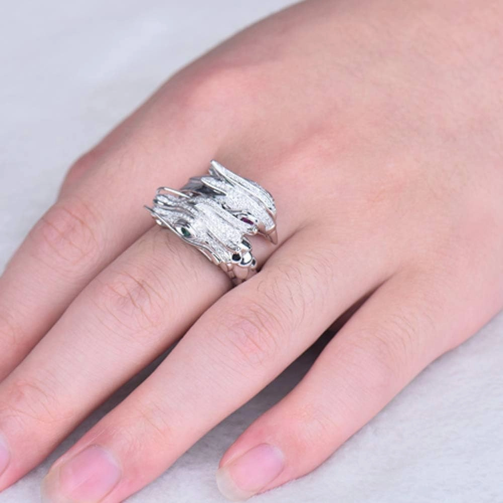 Diamond Rings For Men, 18K White Gold Rings - Diamond Ring with Emerald and Ruby, Dragon Phoenix Design Natural Diamond Rings & Emerald Ruby Gemstone Rings For Couple Engagement Ring
