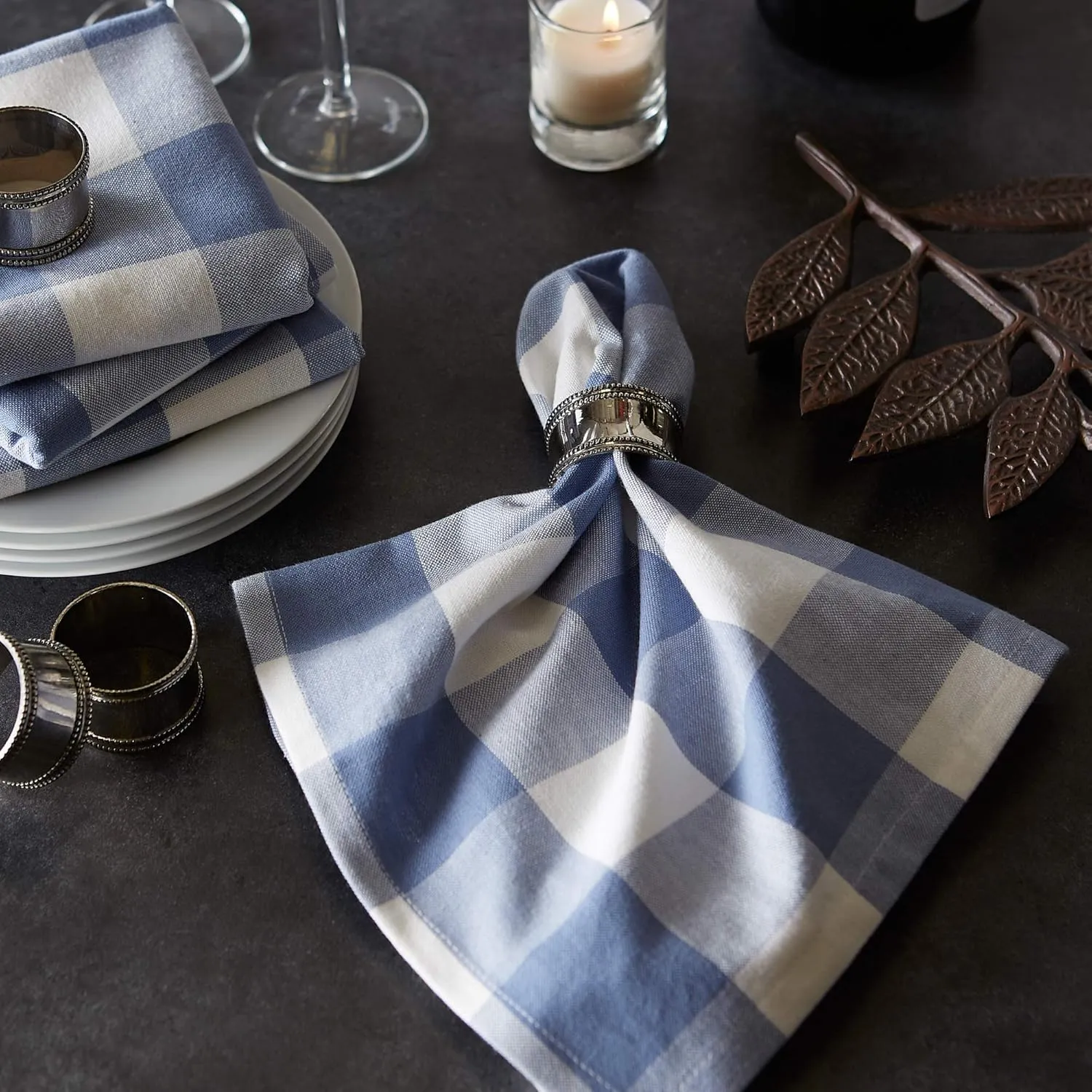 DII Buffalo Check Collection, Classic Farmhouse Cloth Napkin Set, 20x20, Stonewash Blue, 6 Piece