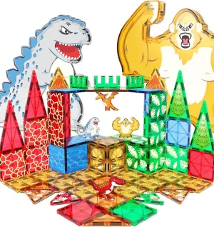 Dinosaurs Toys Magnetic Tiles for Kids 3-5, Dino,King Kong and Godzilla Animals World Construction Tile for Toddlers Ages 5-7, Magnet Building Blocks for Boys Girls Ages 3  4-8 8-12 Year Old