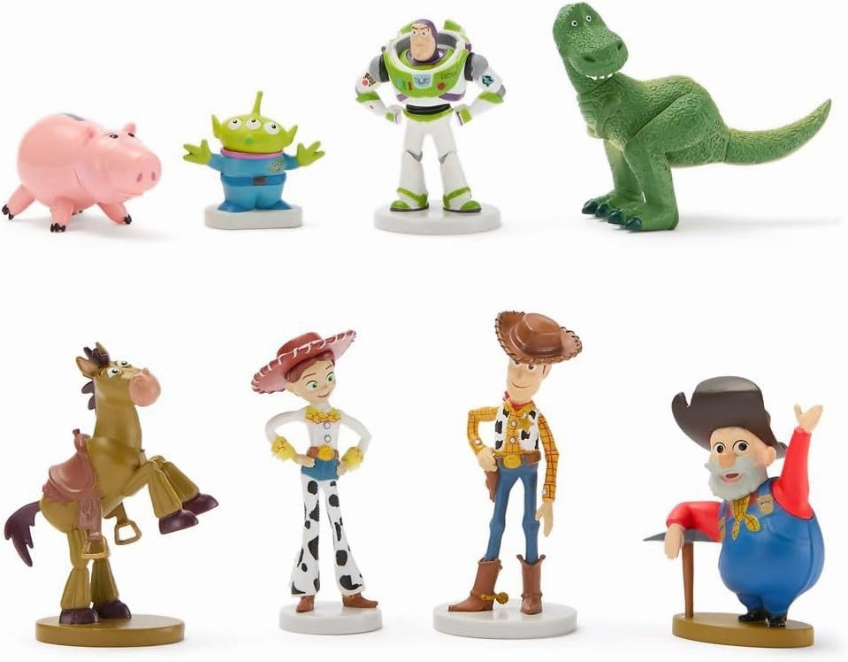 DISNEY STORE Official Toy Story Figure Set - 8 Fully Sculpted Disney Figures Including Buzz Lightyear, Woody, Jessie & More in Double-Tiered Box with Scenic Backgrounds
