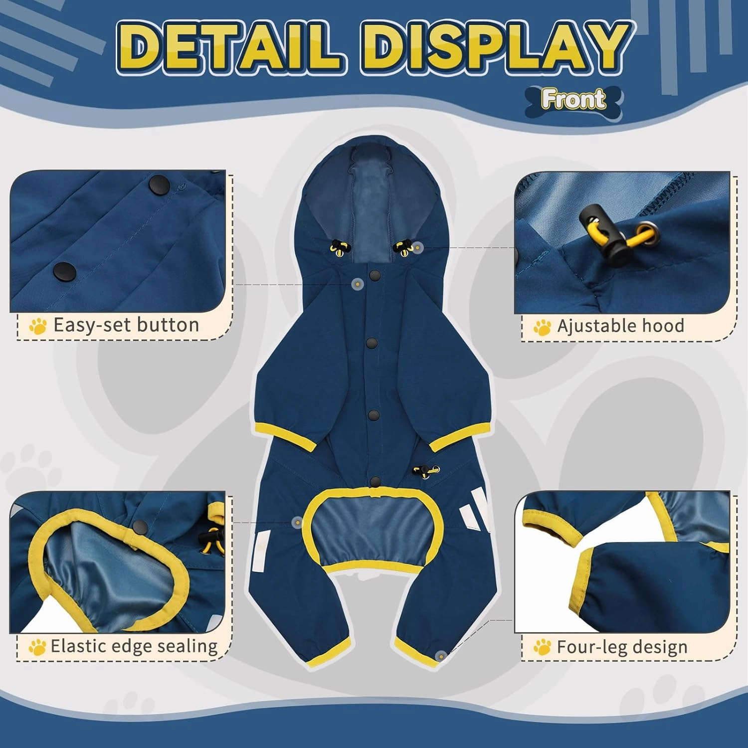 Dog Raincoat, Waterproof Dog Rain Jacket with Hood, Rain Coat with Leash Hole, Reflective Strap for Small Medium Dogs, Lightweight Puppy Clothes(Blue,S)