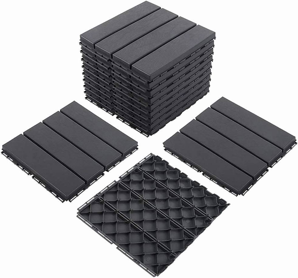 Domi Patio Deck Tiles, 12 x 12 inches Composite Interlocking Shed Floor, Four Slat Plastic Kennel Deck, 27 Pieces One Pack, Dark Grey