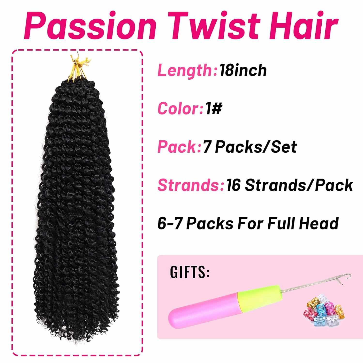 Dorsanee Black Passion Twist Hair 18 Inch 7 Packs Water Wave Crochet Hair Long Bohemian Curly Braiding Hair for Butterfly Locs, Faux Locs, Boho Style Spring Twist Crochet Braids (1#)