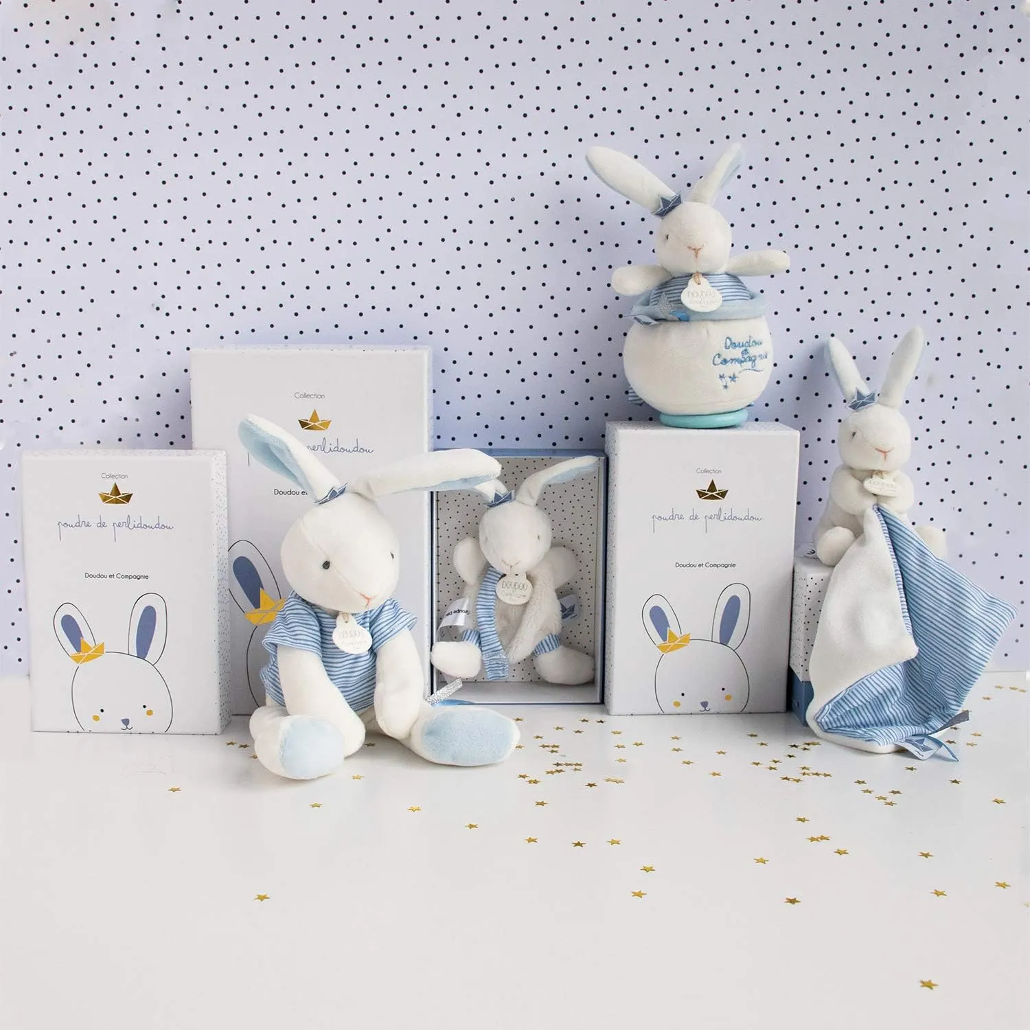 Doudou et Compagnie - DC3511 Mini Blue Rabbit Dummy Clip 15 cm - Perlidoudou Powder Collection - Quilted Soft Toy with Gift Box - Newborn Baby Gift Idea - Lost Soft Toy Guarantee - DC3511