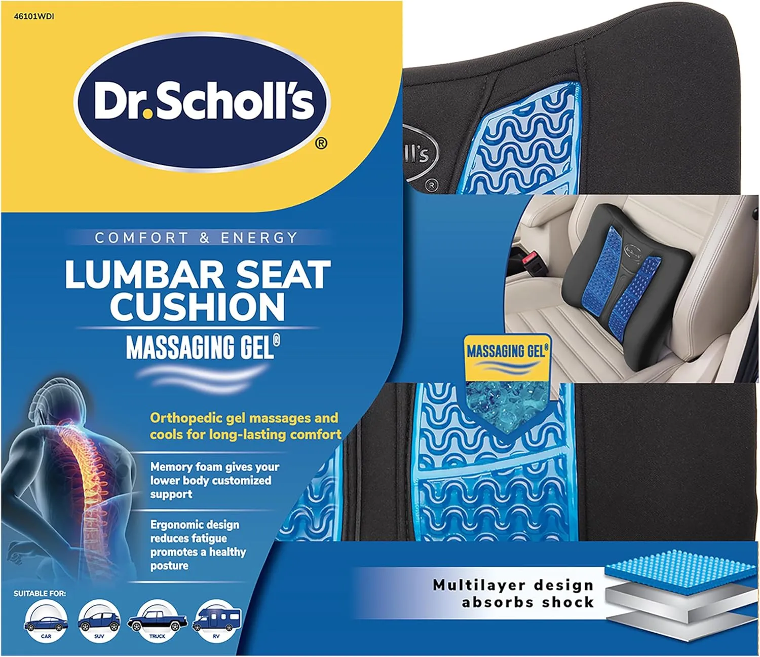 Dr. Scholl's Massaging Gel Lumbar Seat Cushion for Car, Truck, SUV — Black