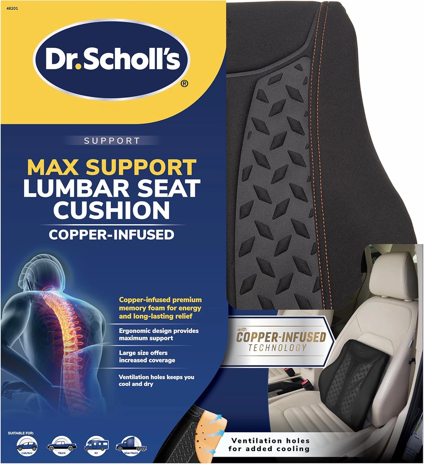 Dr. Scholl's Max Support Copper-Infused Lumbar Seat Cushion for Car, Truck, SUV — Black