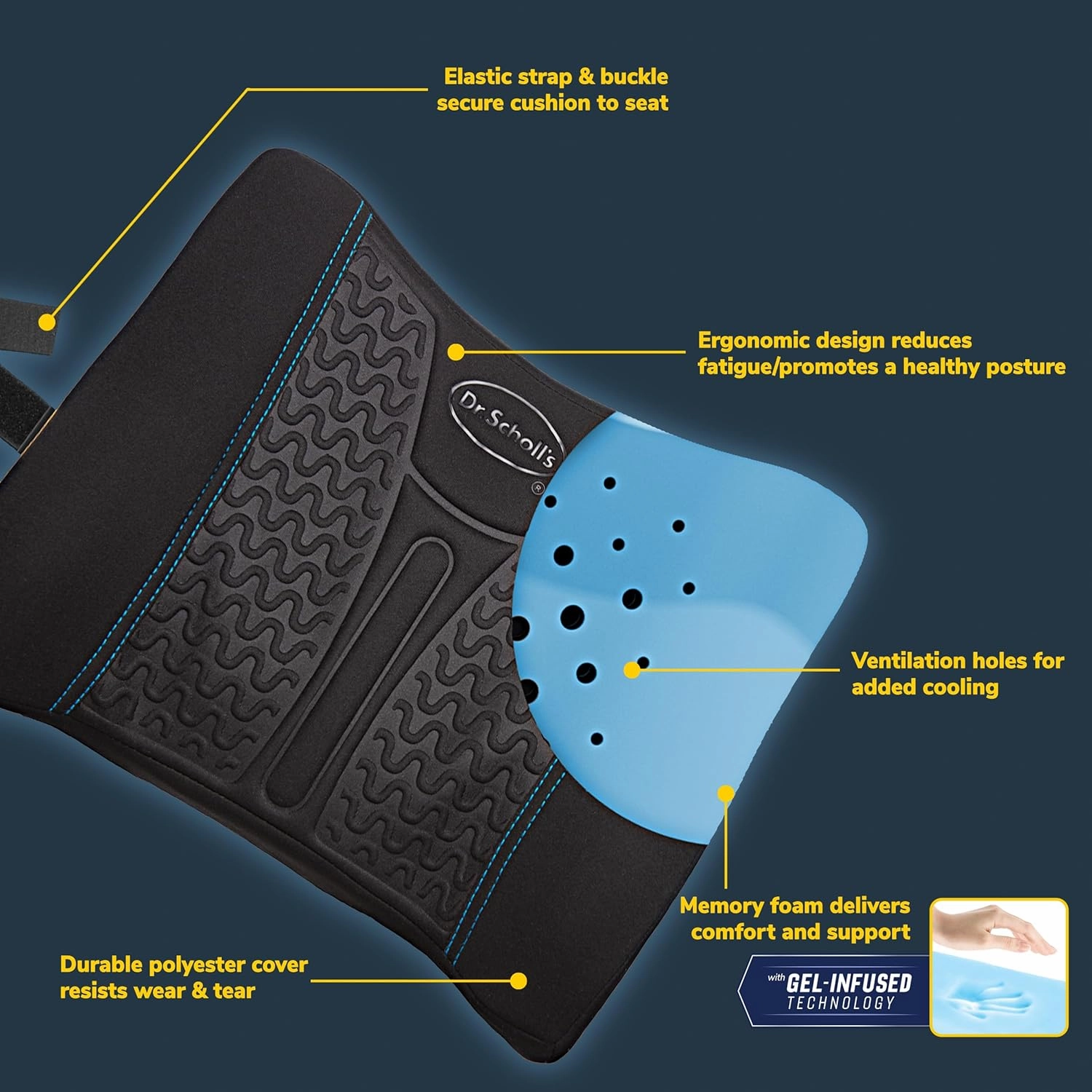 Dr. Scholl's UltraCool Gel-Infused Lumbar Seat Cushion for Car, Office, Home — Black