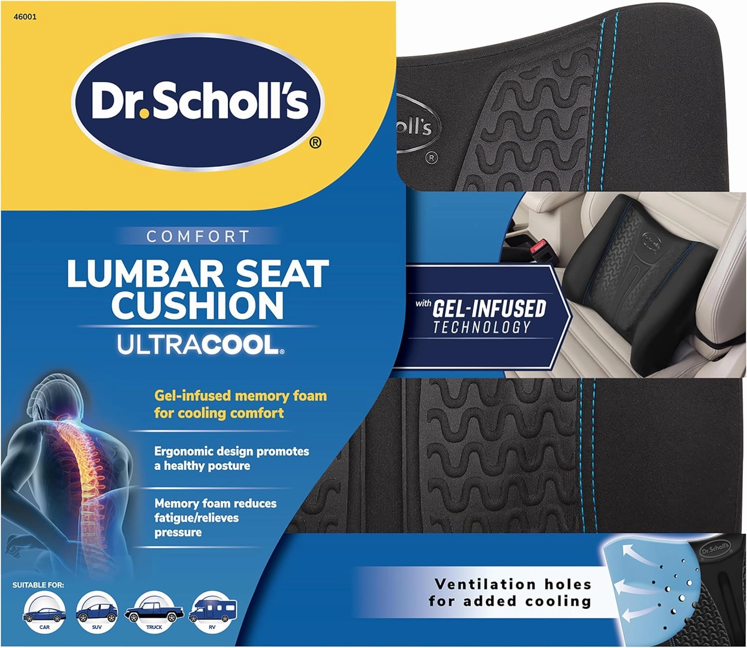 Dr. Scholl's UltraCool Gel-Infused Lumbar Seat Cushion for Car, Office, Home — Black