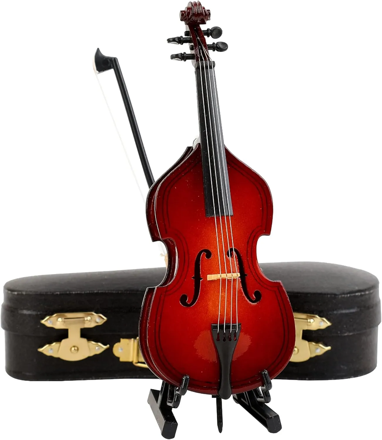 Dselvgvu Wooden Miniature Double Bass with Stand,Bow and Case Mini Contrabass Replica Mini Musical Instrument Collectible Miniature Dollhouse Model Home Decoration (5.71"x2.17"x1.38")