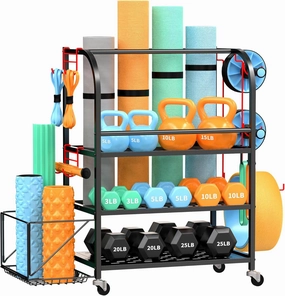 Dumbbell Rack, Weight Rack for Home Gym, 3Tier 610LBS Metal Home Gym Storage with Lockable Wheels & 4 Adjustable Hooks, kettlebell Rack for Yoga Mat Storage, Dumbbells, Kettlebell