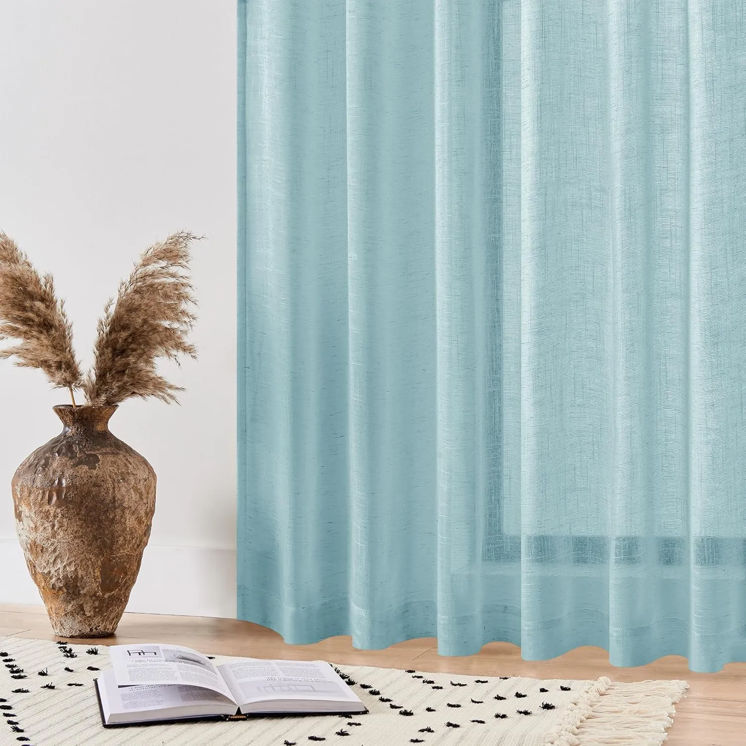 DWCN Linen Sheer Curtains 84 Inches Long, Rod Pocket & Back Tab Linen Texture Semi Sheer Window Covering, Light Airy Privacy Sheer Panels for Bedroom Living Room 52" W x 84" L, Stone Blue, Set of 2