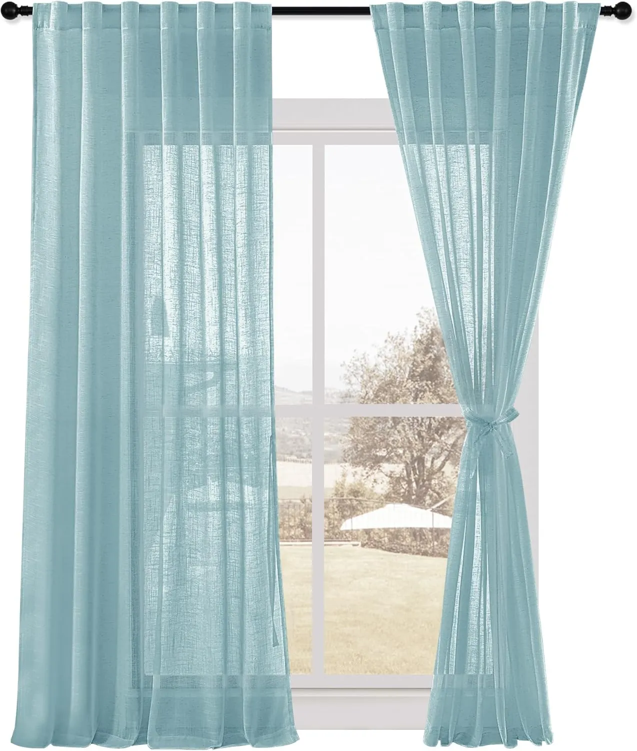 DWCN Linen Sheer Curtains 84 Inches Long, Rod Pocket & Back Tab Linen Texture Semi Sheer Window Covering, Light Airy Privacy Sheer Panels for Bedroom Living Room 52" W x 84" L, Stone Blue, Set of 2