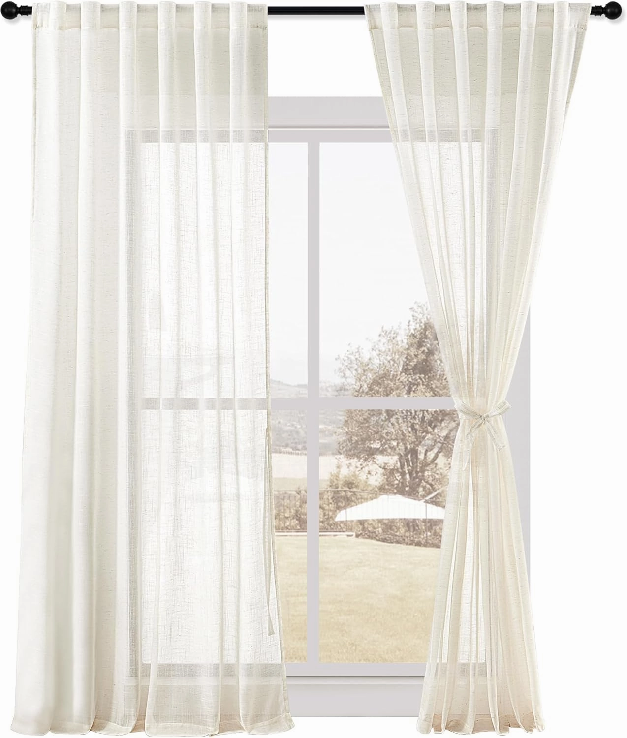 DWCN Natural Linen Sheer Curtains, 84 Inches Long Rod Pocket & Back Tab Linen Texture Semi Sheer Window Covering, Light Airy Privacy Sheer Panels for Bedroom Living Room 52" W x 84" L, Set of 2