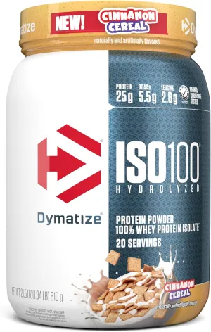 Dymatize ISO100 Whey Protein Powder Isolate, Cinnamon Cereal, 25g of Protein, 20 Servings, 5.5g BCAAs, Less Than 120 Cal., Gluten Free, 1g Fat, 1g Sugar, 2g Carb
