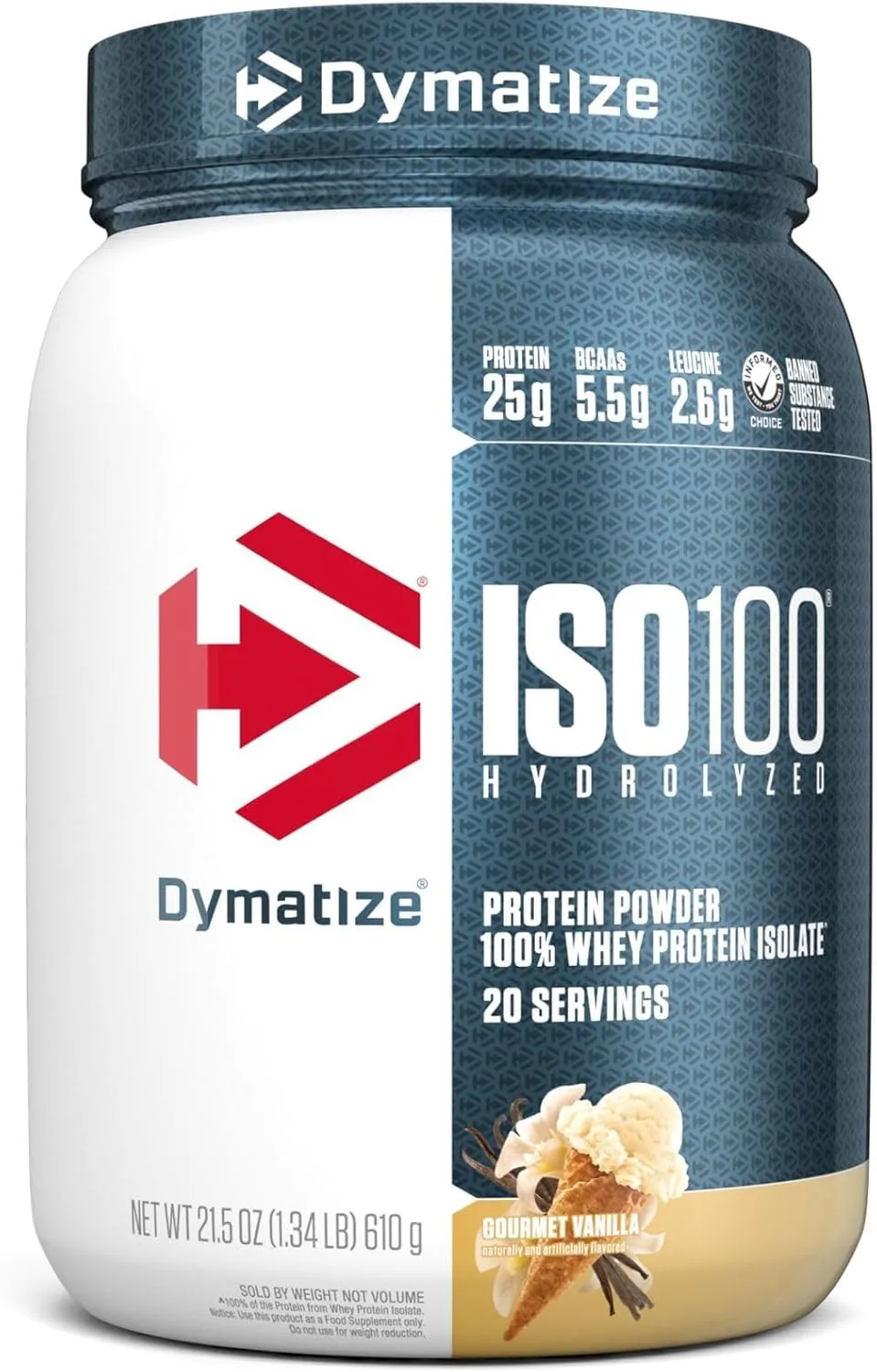 Dymatize ISO100 Whey Protein Powder Isolate, Gourmet Vanilla, 25g of Protein, 20 Servings, 5.5g BCAAs, Less Than 120 Cal., Gluten Free, 1g Fat, 1g Sugar, 2g Carb