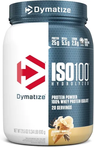 Dymatize ISO100 Whey Protein Powder Isolate, Gourmet Vanilla, 25g of Protein, 20 Servings, 5.5g BCAAs, Less Than 120 Cal., Gluten Free, 1g Fat, 1g Sugar, 2g Carb