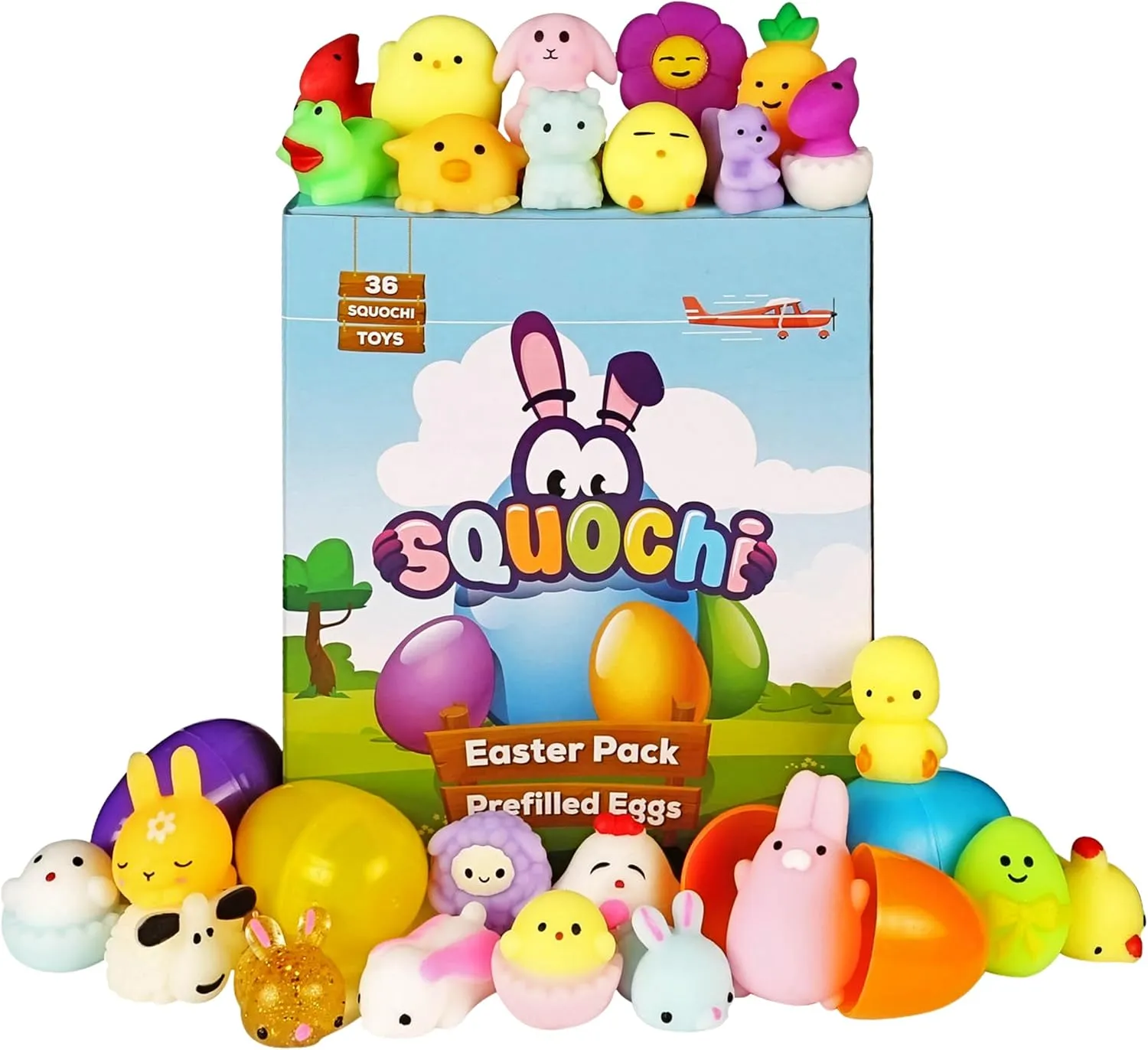 Easter Mochi Squishy Toys 36pcs | Prefilled Eggs with Mini Squishy Toys | Easter Shapes | Basket Fillers, Party Favors, Fidget, Stress Relief, Classroom Prizes, Goodie Bags, Easter Egg Hunt