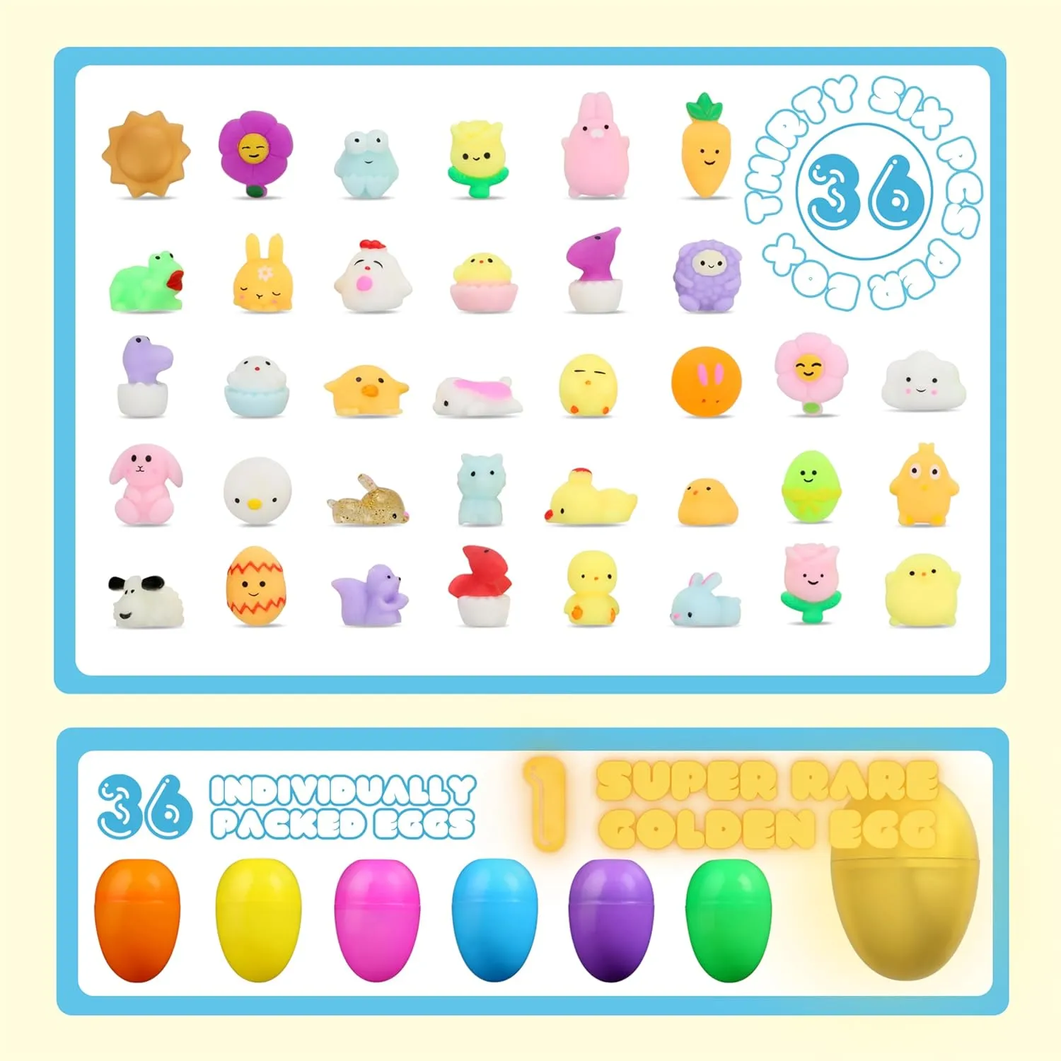 Easter Mochi Squishy Toys 36pcs | Prefilled Eggs with Mini Squishy Toys | Easter Shapes | Basket Fillers, Party Favors, Fidget, Stress Relief, Classroom Prizes, Goodie Bags, Easter Egg Hunt