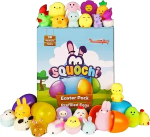 Easter Mochi Squishy Toys 36pcs | Prefilled Eggs with Mini Squishy Toys | Easter Shapes | Basket Fillers, Party Favors, Fidget, Stress Relief, Classroom Prizes, Goodie Bags, Easter Egg Hunt