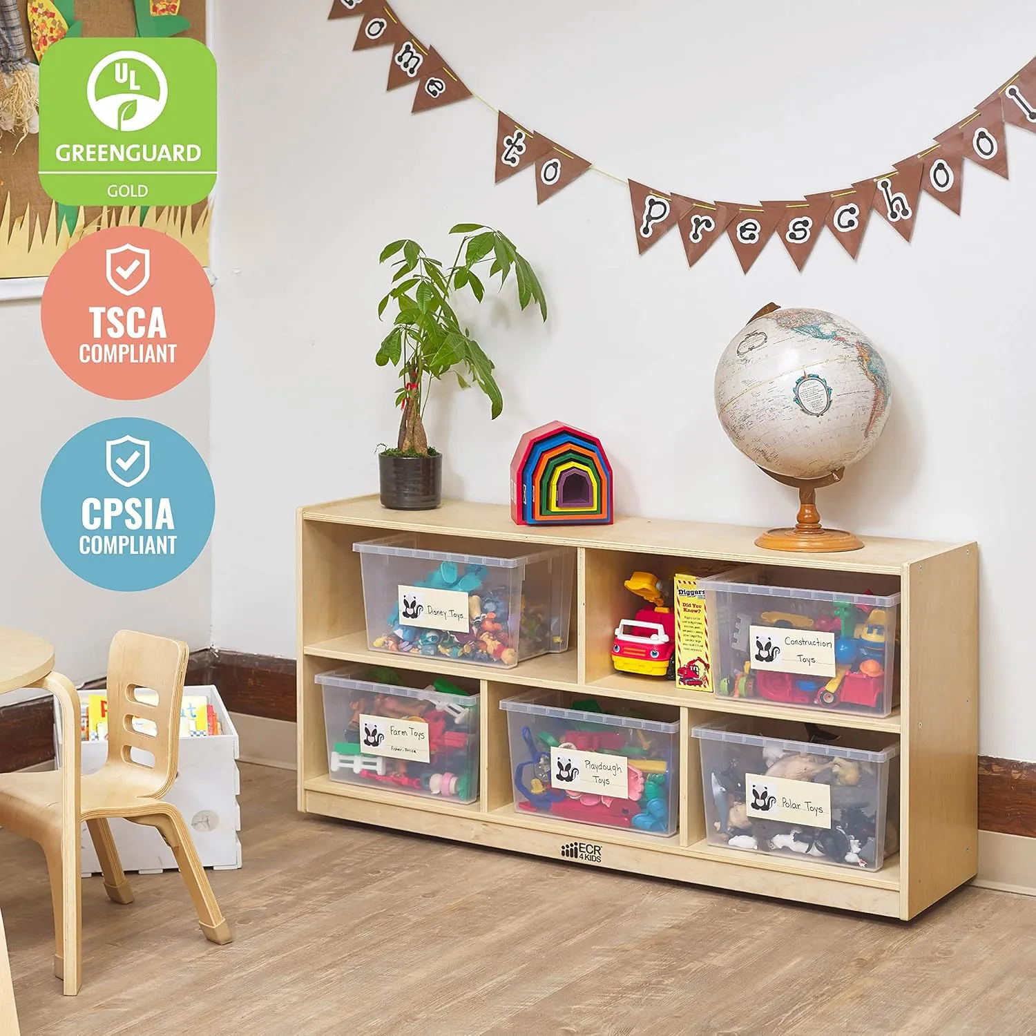 ECR4Kids 5-Compartment Mobile Storage Cabinet, 24in, Classroom Furniture, Natural