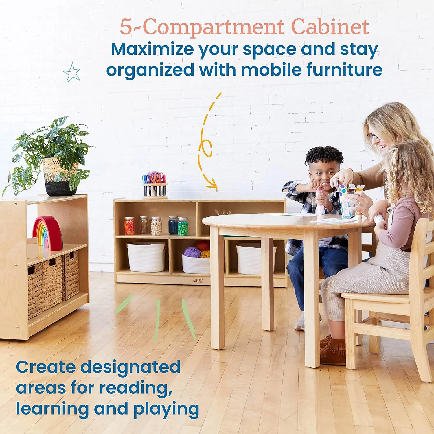 ECR4Kids 5-Compartment Mobile Storage Cabinet, 24in, Classroom Furniture, Natural