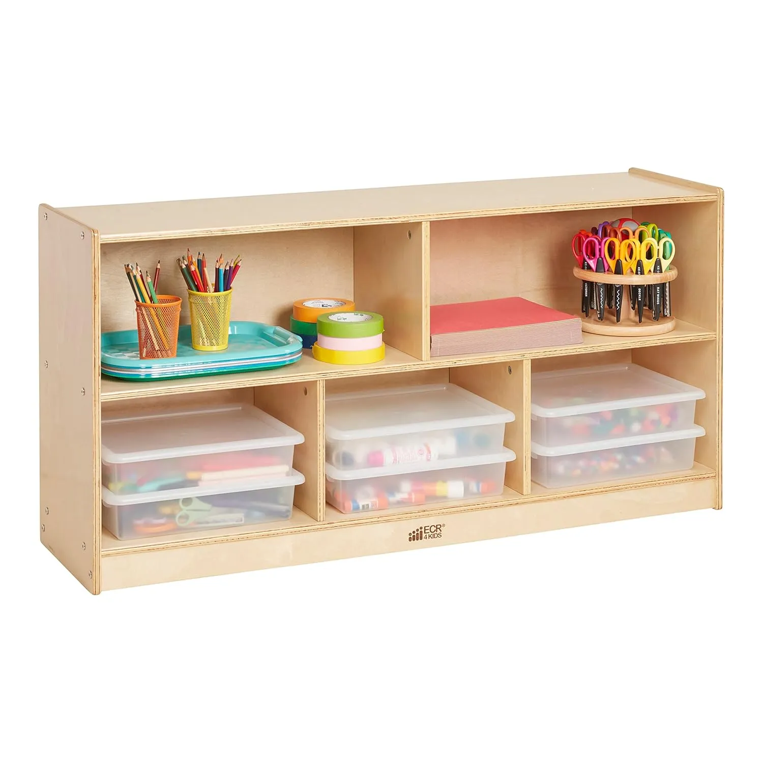 ECR4Kids 5-Compartment Mobile Storage Cabinet, 24in, Classroom Furniture, Natural