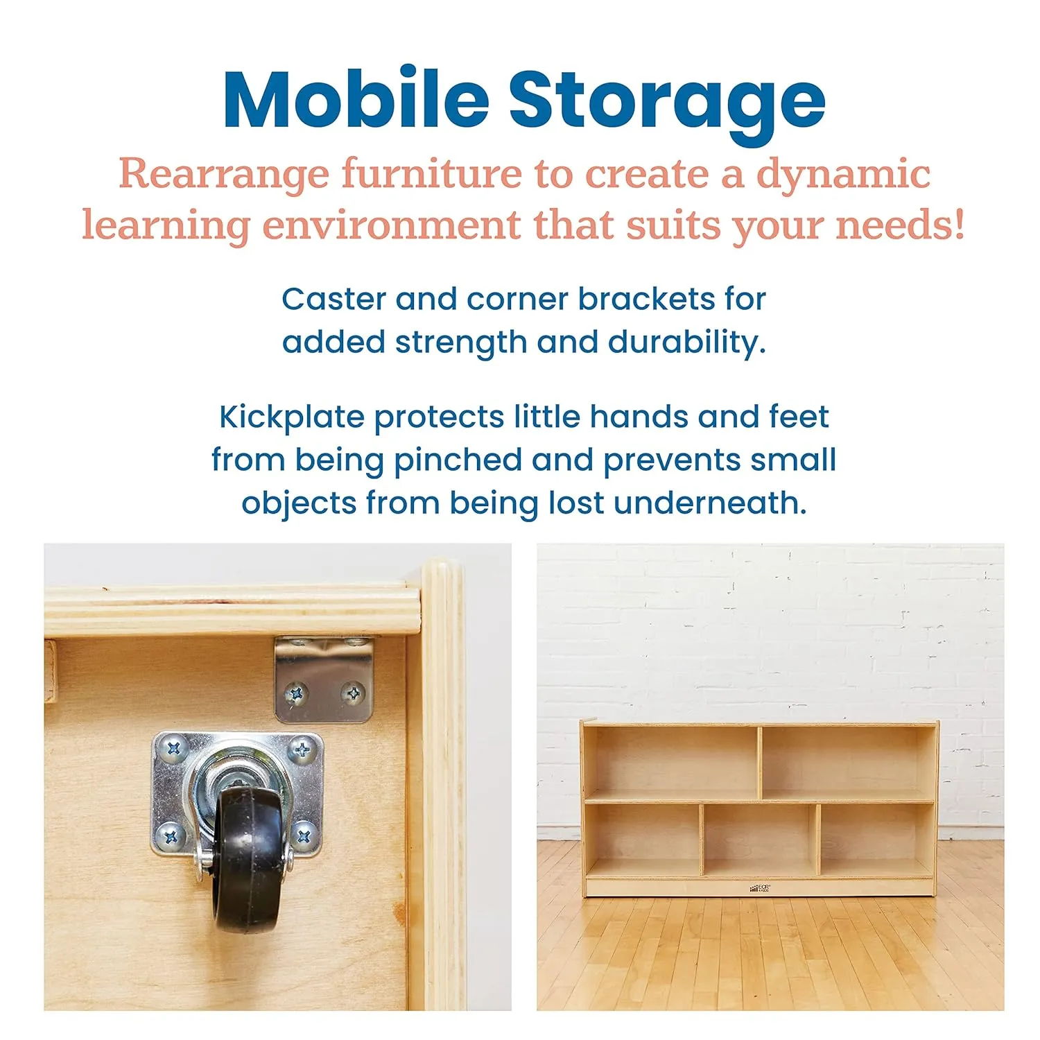 ECR4Kids 5-Compartment Mobile Storage Cabinet, 24in, Classroom Furniture, Natural