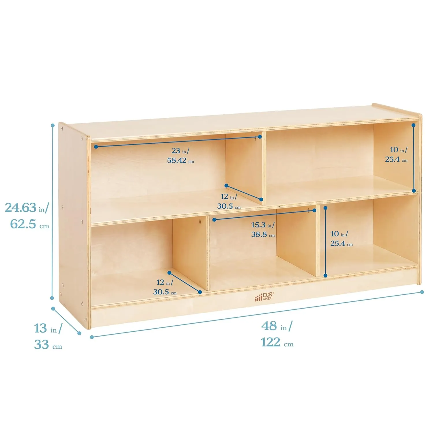 ECR4Kids 5-Compartment Mobile Storage Cabinet, 24in, Classroom Furniture, Natural
