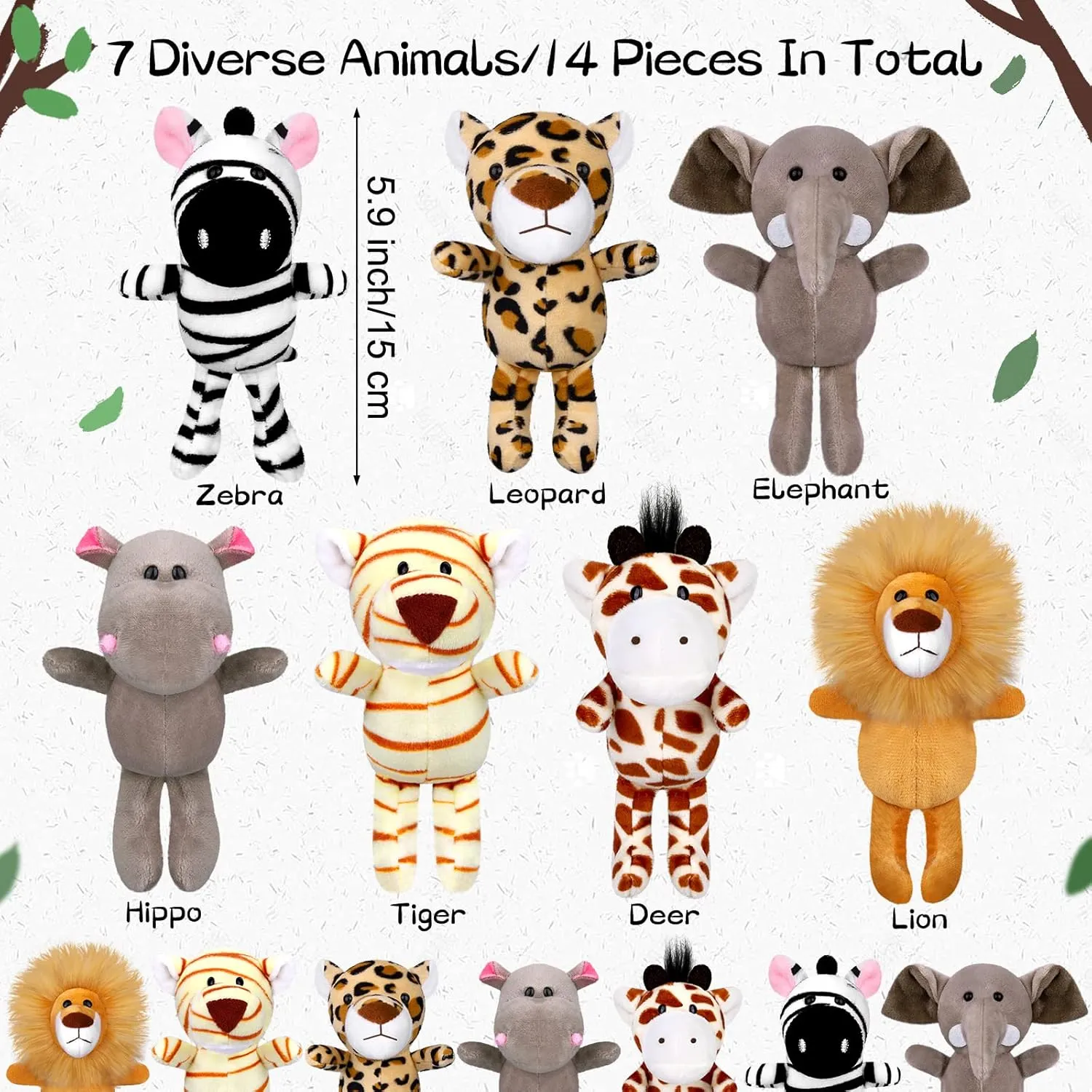 Elcoho 14 Pieces Safari Mini Jungle Animal Plush Toys Small Stuffed Forest Animals Plush Toys 5.9 Inch Keychain Decorations for Animal Themed Parties Goody Bags Filler Favors (Standing)