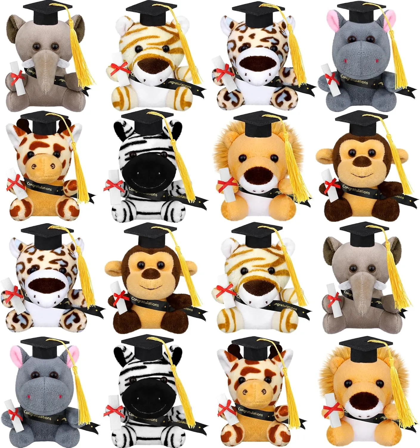 Elcoho 16 Pieces Graduation Jungle Animal Plush Toys 4.8 Inch Mini Stuffed Forest Animals Set Stuffed Jungle Animal with Graduation Cap for Kindergarten Graduation Gift School Parties