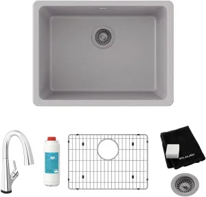 Elkay Quartz Classic 24-5/8" x 18-1/2" x 9-1/2" Single Bowl Undermount Sink Kit with Filtered Faucet Greystone
