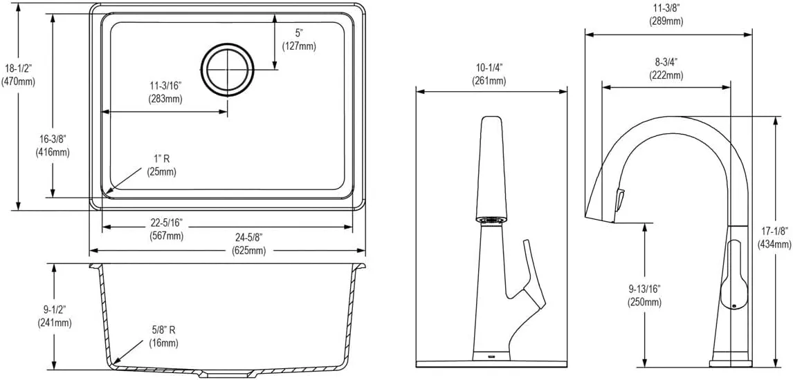 Elkay Quartz Classic 24-5/8" x 18-1/2" x 9-1/2" Single Bowl Undermount Sink Kit with Filtered Faucet Greystone