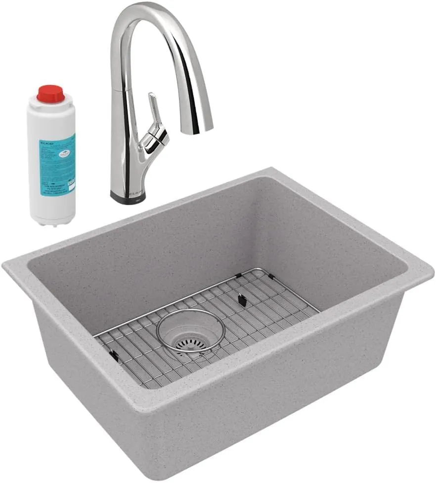 Elkay Quartz Classic 24-5/8" x 18-1/2" x 9-1/2" Single Bowl Undermount Sink Kit with Filtered Faucet Greystone