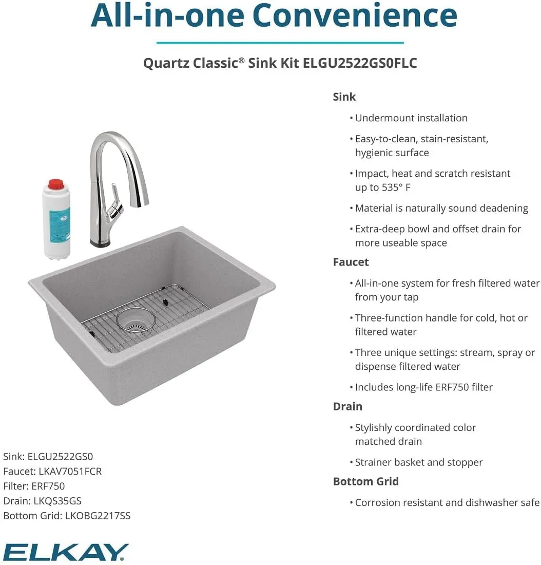 Elkay Quartz Classic 24-5/8" x 18-1/2" x 9-1/2" Single Bowl Undermount Sink Kit with Filtered Faucet Greystone