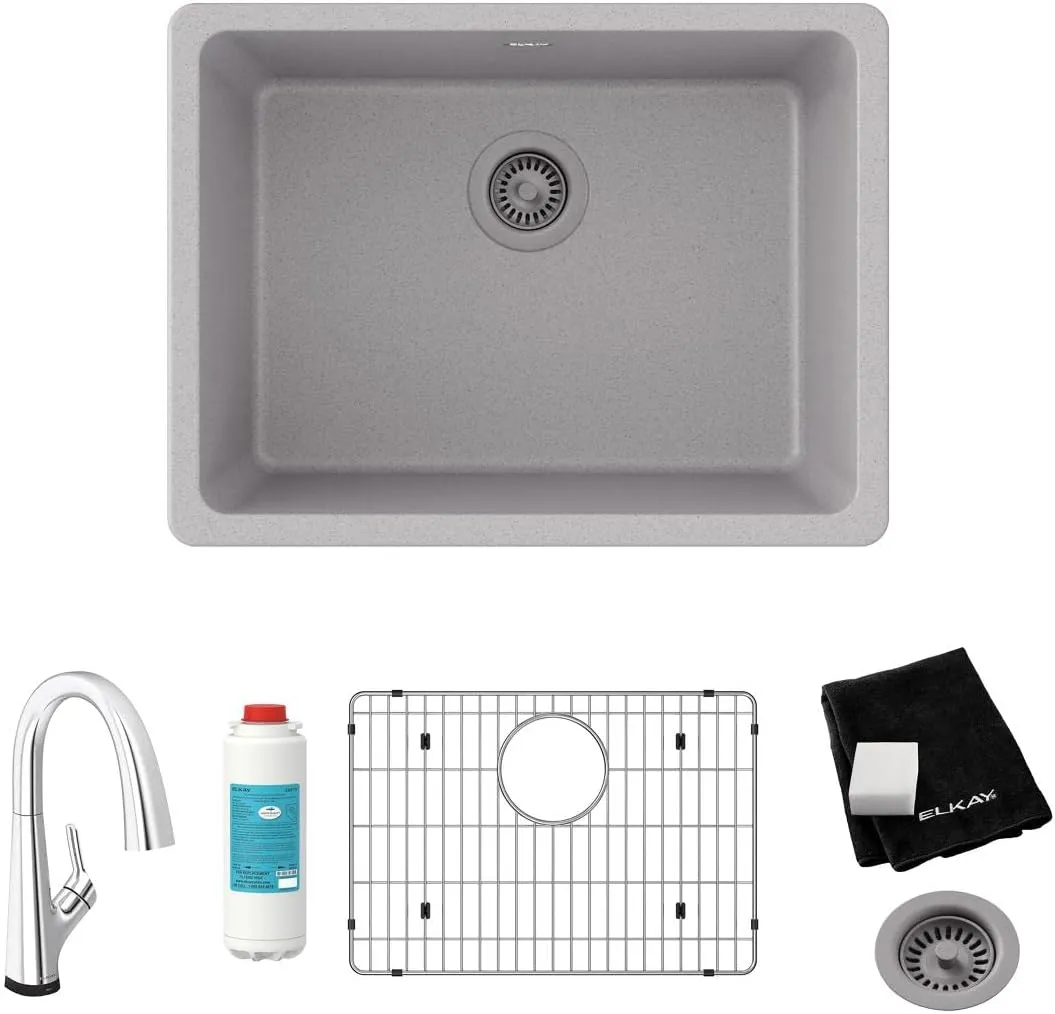 Elkay Quartz Classic 24-5/8" x 18-1/2" x 9-1/2" Single Bowl Undermount Sink Kit with Filtered Faucet Greystone