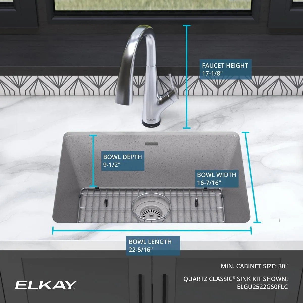 Elkay Quartz Classic 24-5/8" x 18-1/2" x 9-1/2" Single Bowl Undermount Sink Kit with Filtered Faucet Greystone
