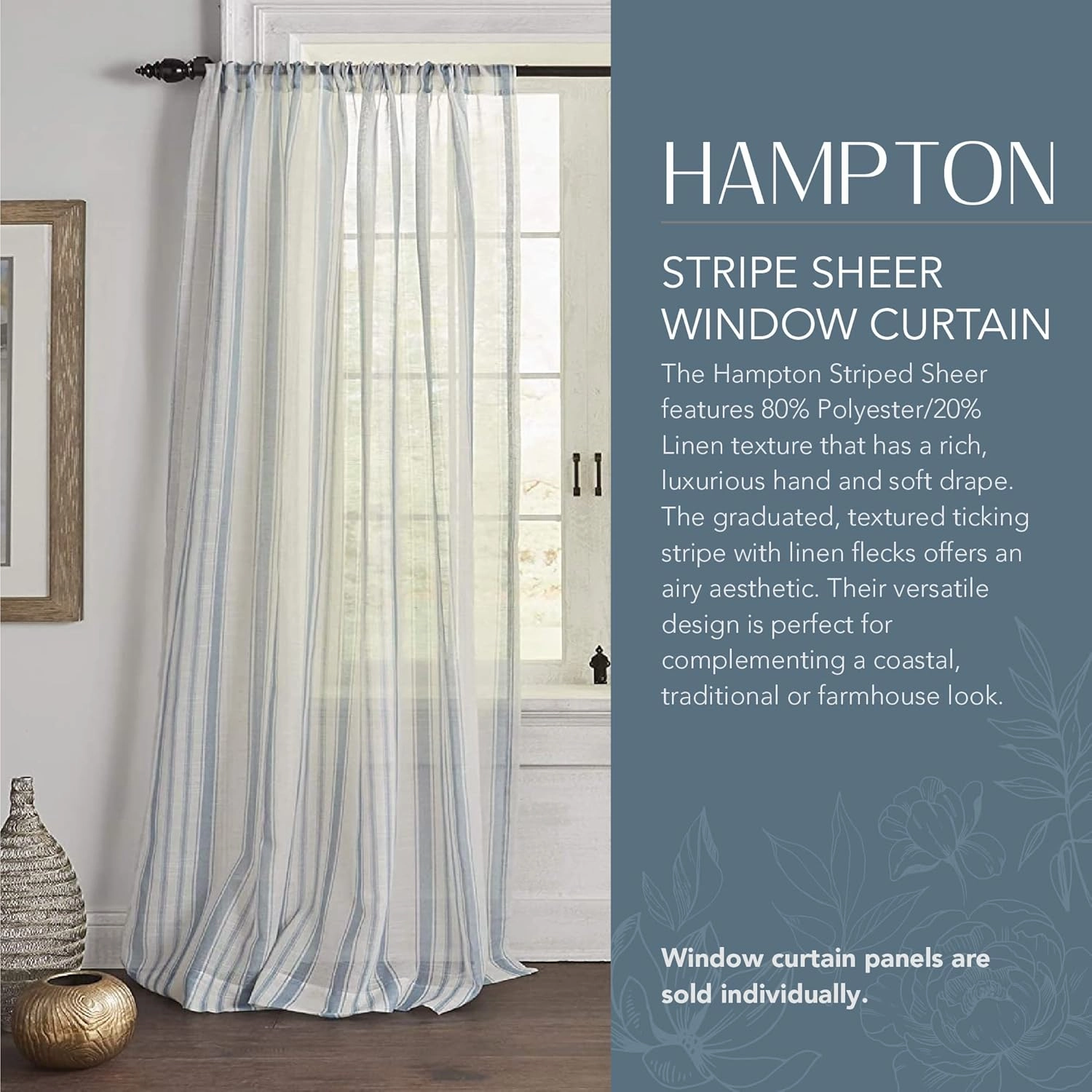 Elrene Home Fashions Hampton Stripe Sheer Window Curtain, 52" x 84" (1 Panel), Blue