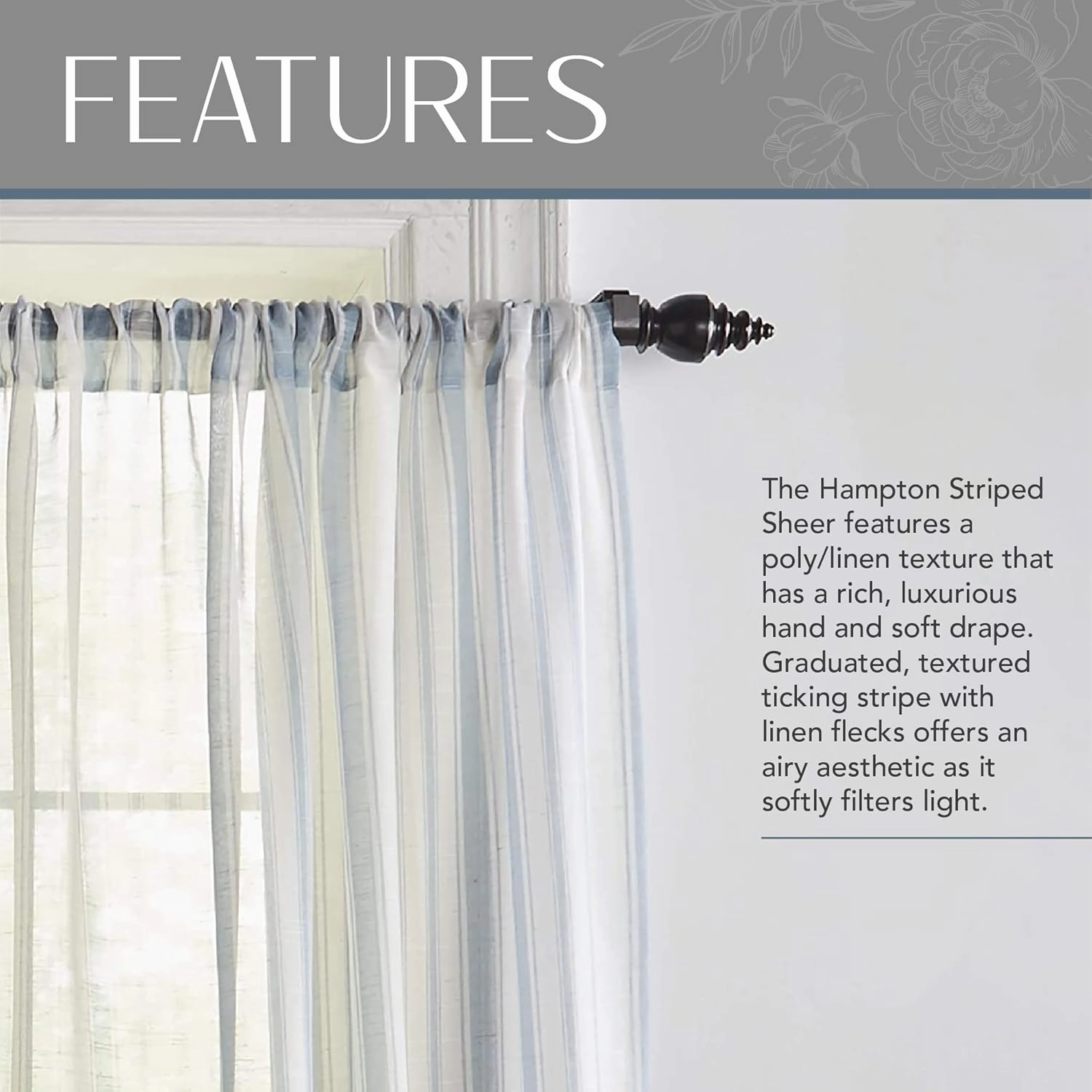 Elrene Home Fashions Hampton Stripe Sheer Window Curtain, 52" x 84" (1 Panel), Blue
